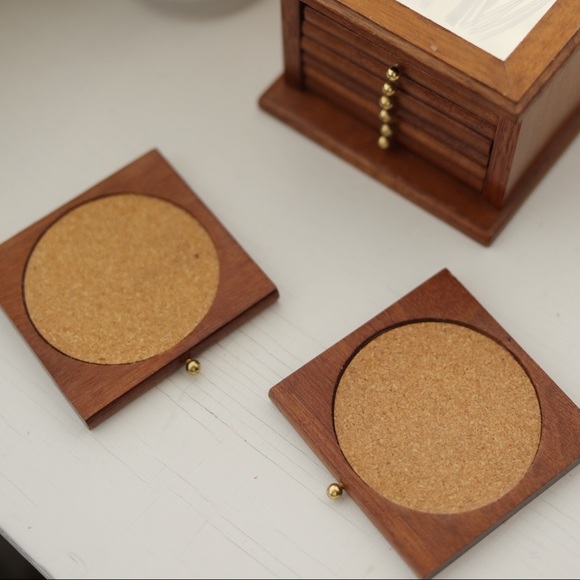 Wood & Cork Coaster Set with Mirror Butterfly Top - Picture 4 of 5